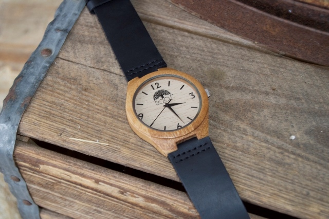 Bamboo Watch w/Black Leather Band